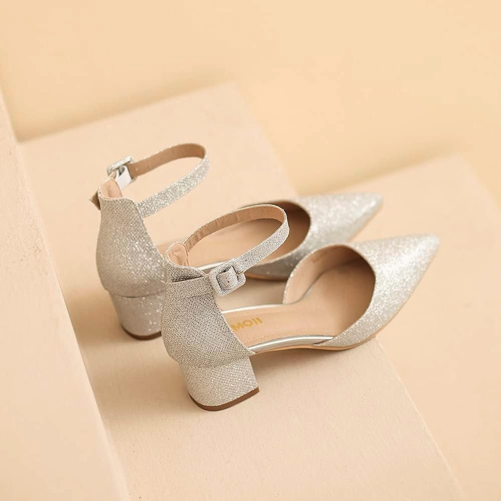 Amoji Women's 2 inch Pointed Toe Low Chunky Heels Dress Pumps Heeled Shoes with Ankle Strap 412