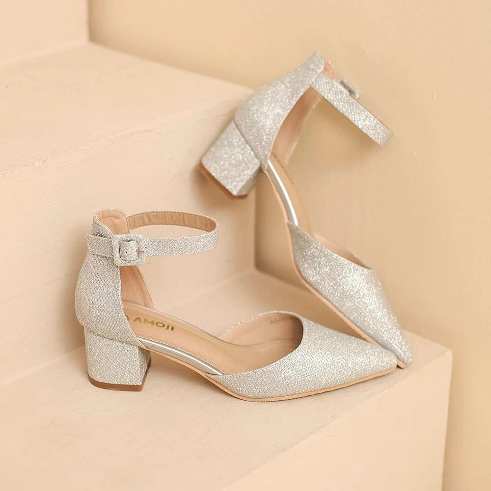Amoji Women's 2 inch Pointed Toe Low Chunky Heels Dress Pumps Heeled Shoes with Ankle Strap 412