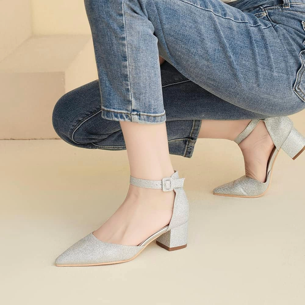 Amoji Women's 2 inch Pointed Toe Low Chunky Heels Dress Pumps Heeled Shoes with Ankle Strap 412