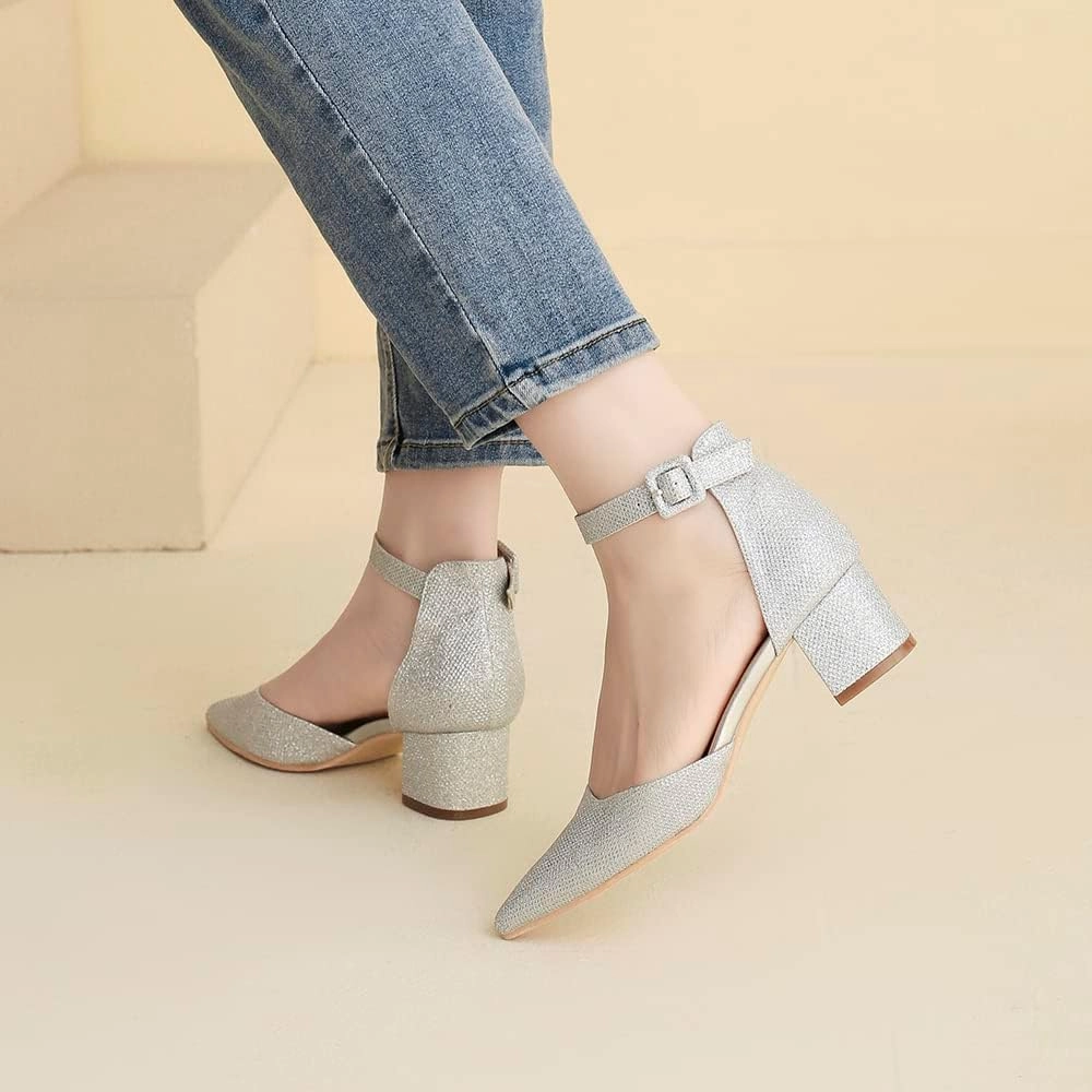 Amoji Women's 2 inch Pointed Toe Low Chunky Heels Dress Pumps Heeled Shoes with Ankle Strap 412