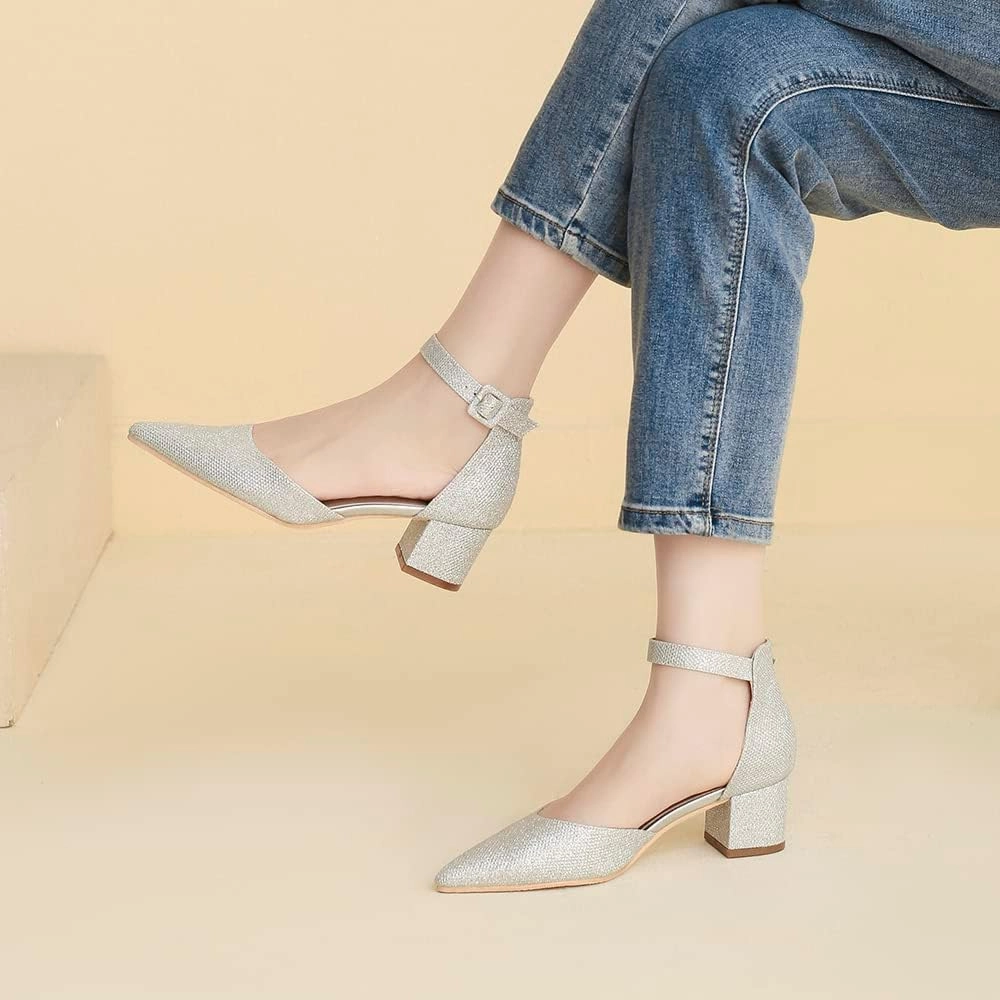 Amoji Women's 2 inch Pointed Toe Low Chunky Heels Dress Pumps Heeled Shoes with Ankle Strap 412