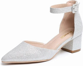 Amoji Women's 2 inch Pointed Toe Low Chunky Heels Dress Pumps Heeled Shoes with Ankle Strap 412