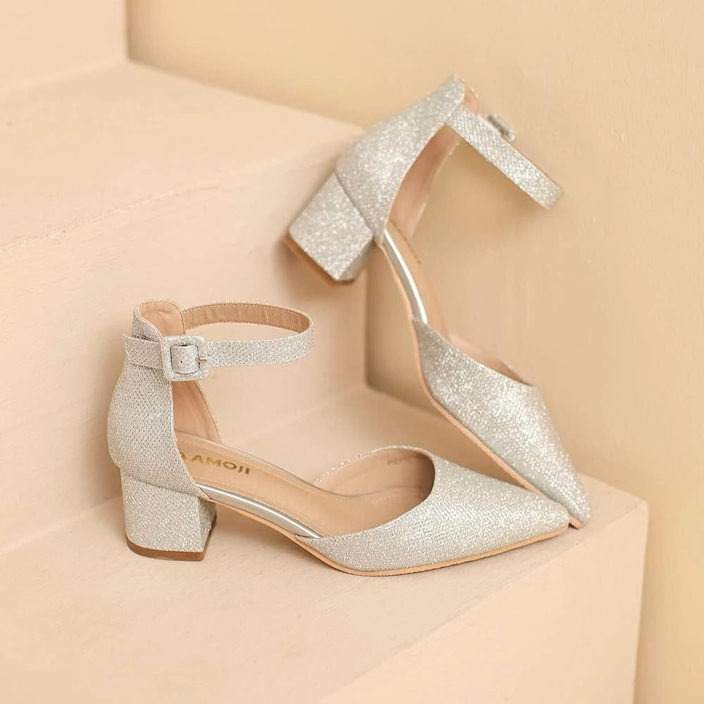Amoji Women's 2 inch Pointed Toe Low Chunky Heels Dress Pumps Heeled Shoes with Ankle Strap 412