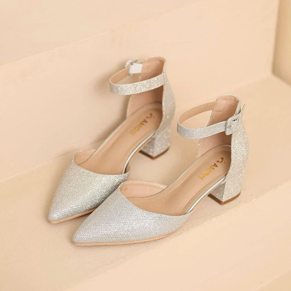 Amoji Women's 2 inch Pointed Toe Low Chunky Heels Dress Pumps Heeled Shoes with Ankle Strap 412
