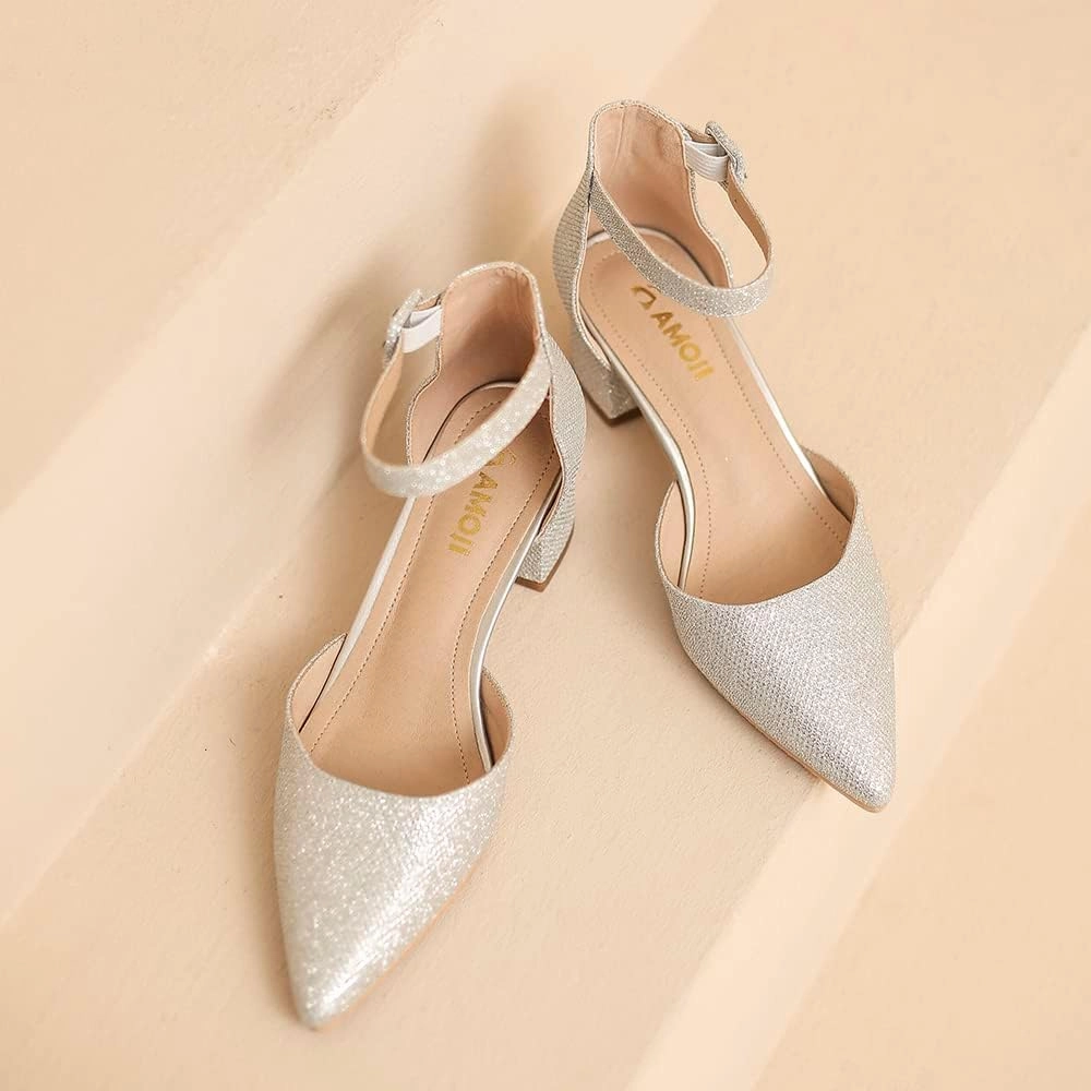 Amoji Women's 2 inch Pointed Toe Low Chunky Heels Dress Pumps Heeled Shoes with Ankle Strap 412