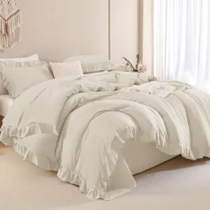 Andency Beige Comforter Set Queen Size, 3 Pieces Shabby Chic Ruffle Bedding Comforter Sets for Queen Bed, Lightweight Fluffy Soft Microfiber Farmhouse Comforter Set
