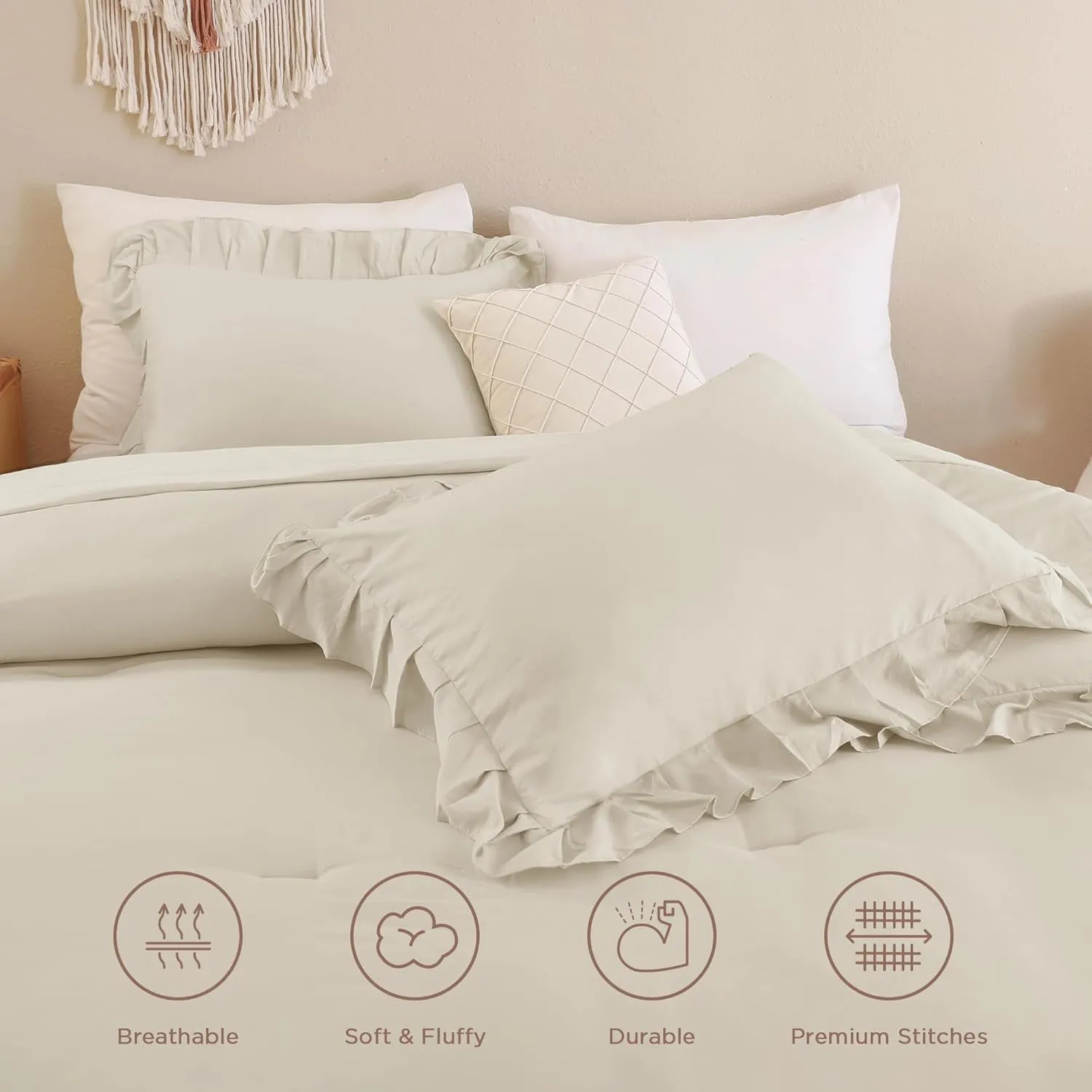 Andency Beige Comforter Set Queen Size, 3 Pieces Shabby Chic Ruffle Bedding Comforter Sets for Queen Bed, Lightweight Fluffy Soft Microfiber Farmhouse Comforter Set