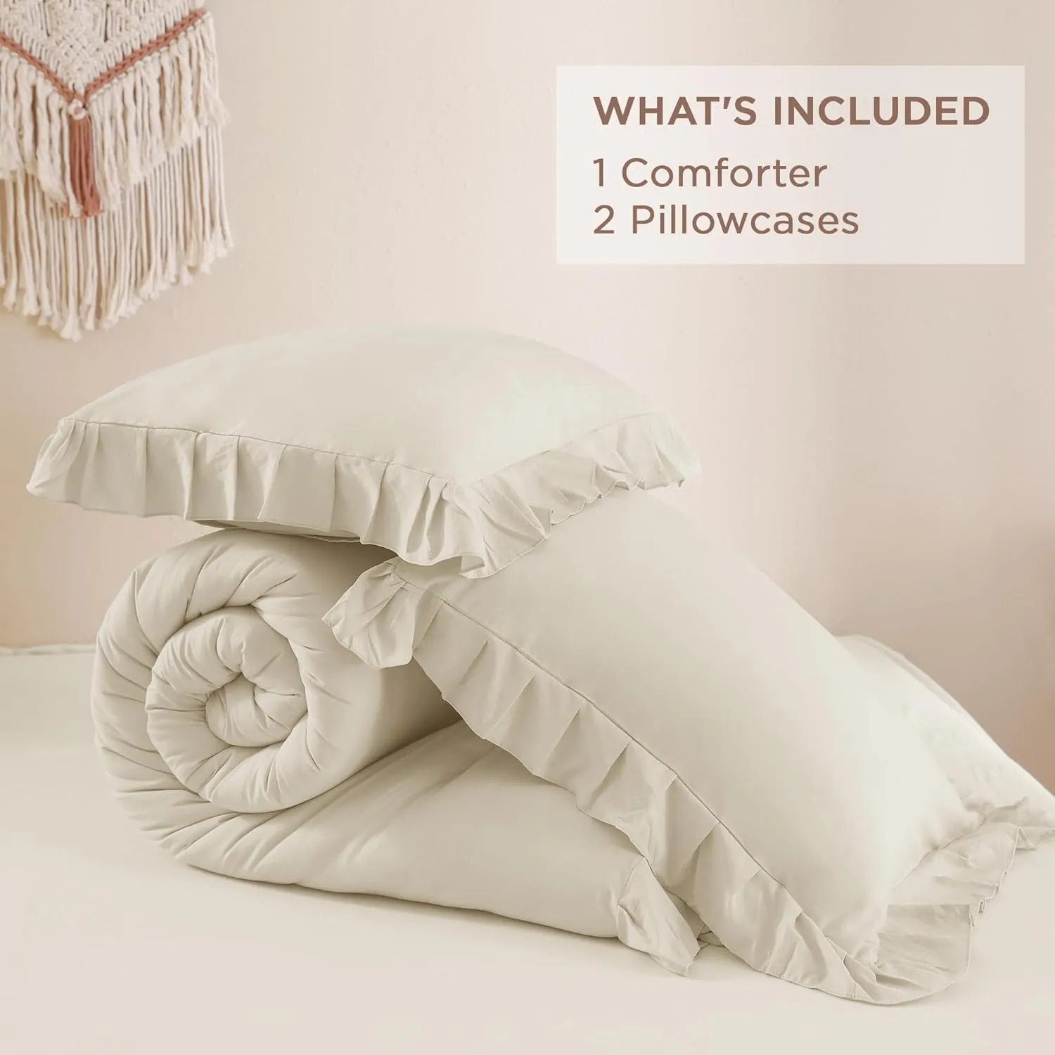 Andency Beige Comforter Set Queen Size, 3 Pieces Shabby Chic Ruffle Bedding Comforter Sets for Queen Bed, Lightweight Fluffy Soft Microfiber Farmhouse Comforter Set