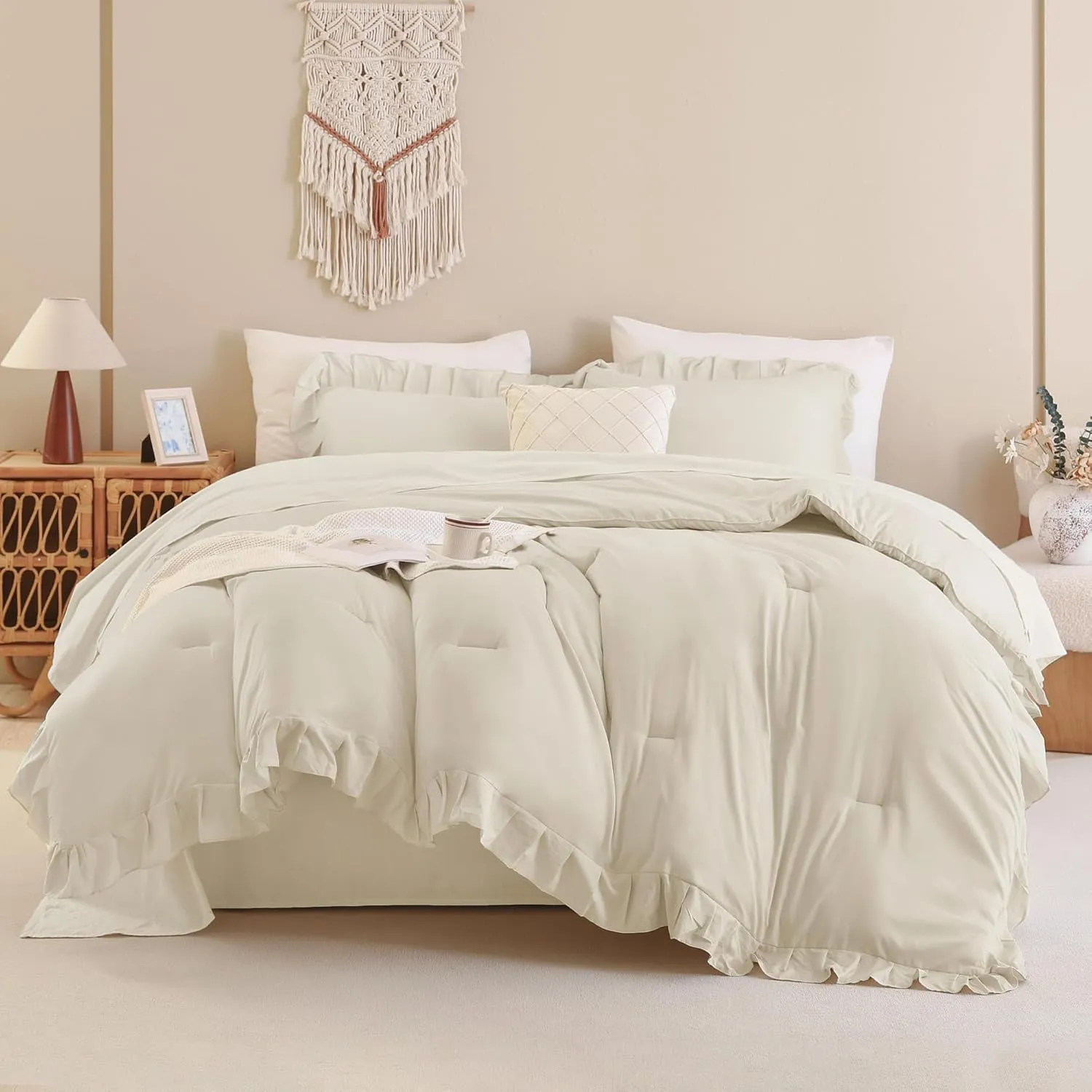 Andency Beige Comforter Set Queen Size, 3 Pieces Shabby Chic Ruffle Bedding Comforter Sets for Queen Bed, Lightweight Fluffy Soft Microfiber Farmhouse Comforter Set