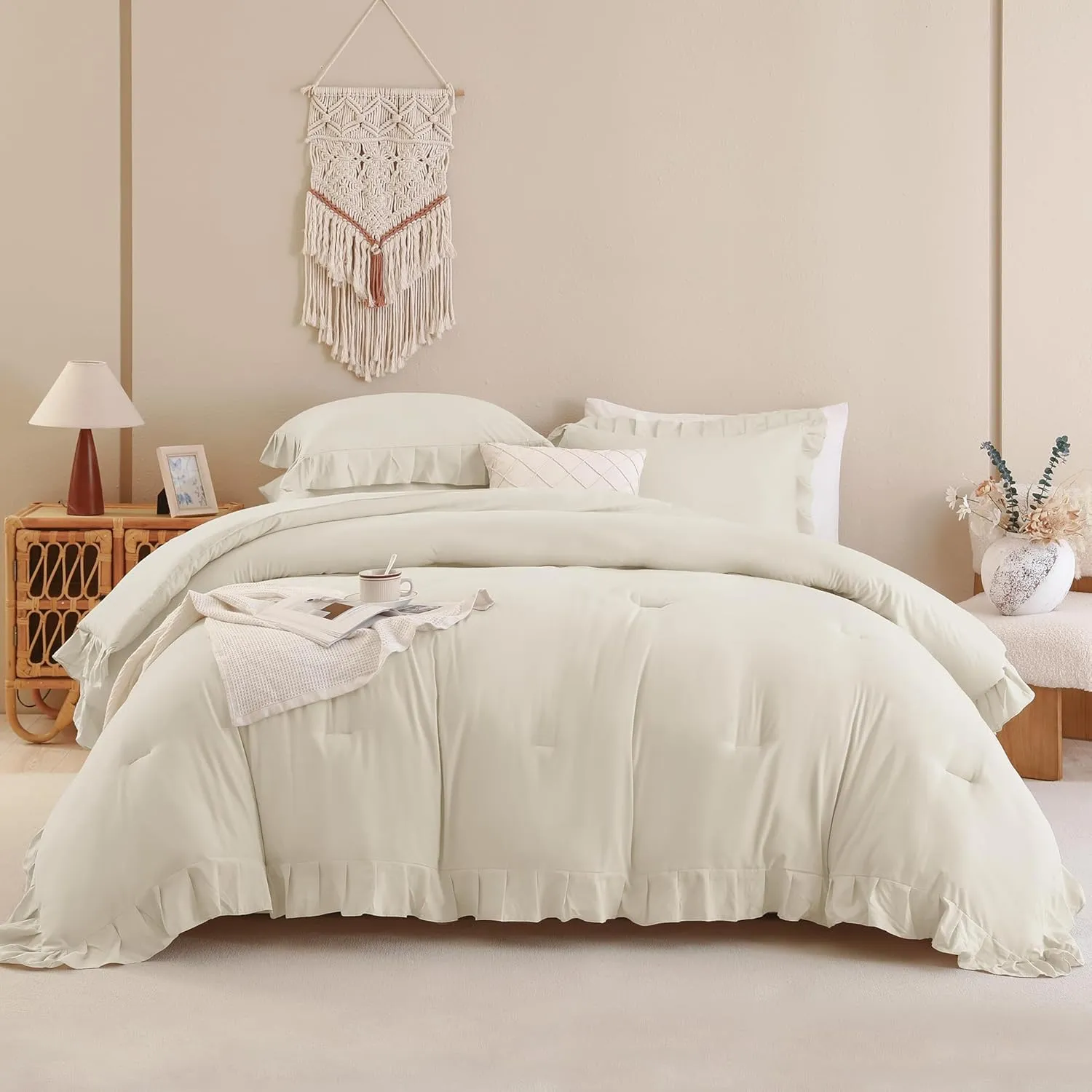 Andency Beige Comforter Set Queen Size, 3 Pieces Shabby Chic Ruffle Bedding Comforter Sets for Queen Bed, Lightweight Fluffy Soft Microfiber Farmhouse Comforter Set