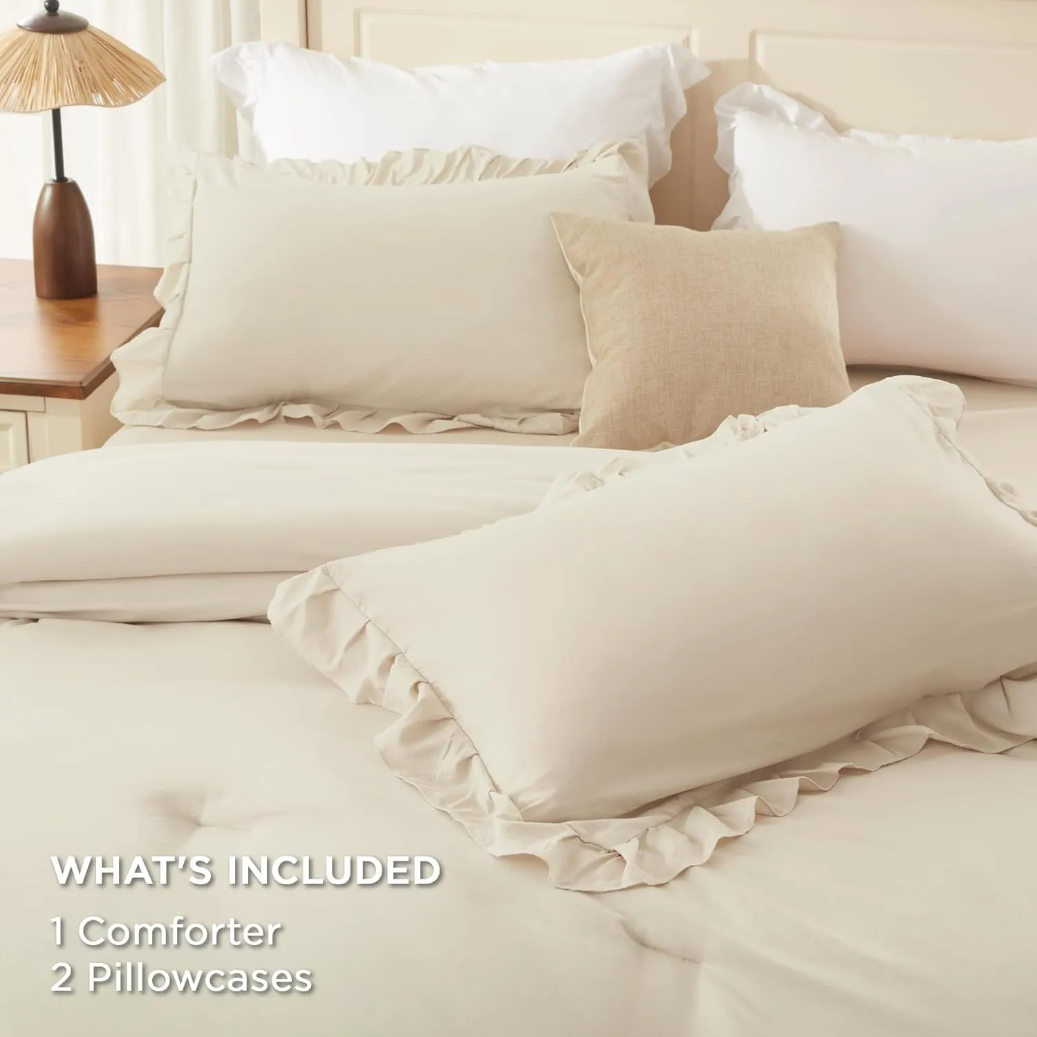 Andency Beige Queen Comforter Set, 3 Pieces Soft Lightweight Fluffy Solid Ruffle Bedding Comforter Sets, All Season Farmhouse Shabby Chic Comforter for Queen Size Bed (Beige, 90x90Inch)