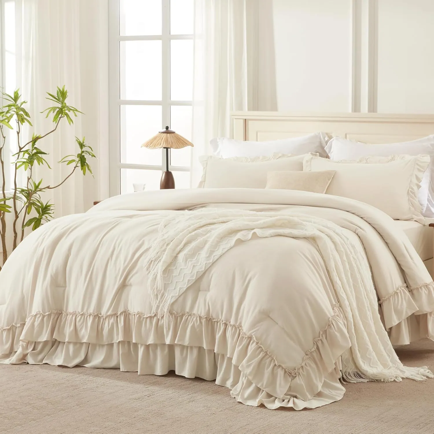 Andency Beige Queen Comforter Set, 3 Pieces Soft Lightweight Fluffy Solid Ruffle Bedding Comforter Sets, All Season Farmhouse Shabby Chic Comforter for Queen Size Bed (Beige, 90x90Inch)