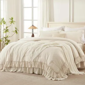 Andency Beige Queen Comforter Set, 3 Pieces Soft Lightweight Fluffy Solid Ruffle Bedding Comforter Sets, All Season Farmhouse Shabby Chic Comforter for Queen Size Bed (Beige, 90x90Inch)