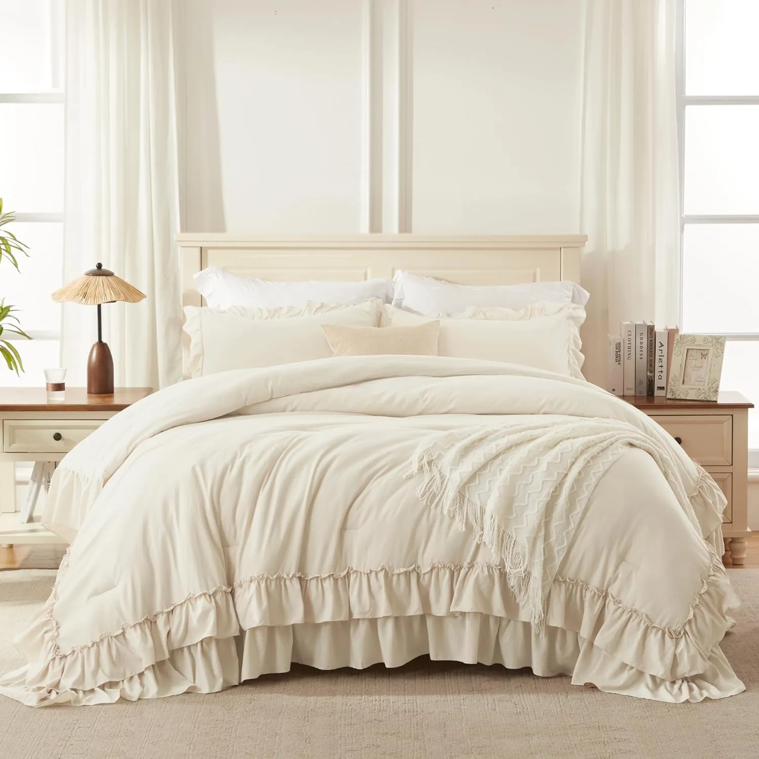 Andency Beige Queen Comforter Set, 3 Pieces Soft Lightweight Fluffy Solid Ruffle Bedding Comforter Sets, All Season Farmhouse Shabby Chic Comforter for Queen Size Bed (Beige, 90x90Inch)
