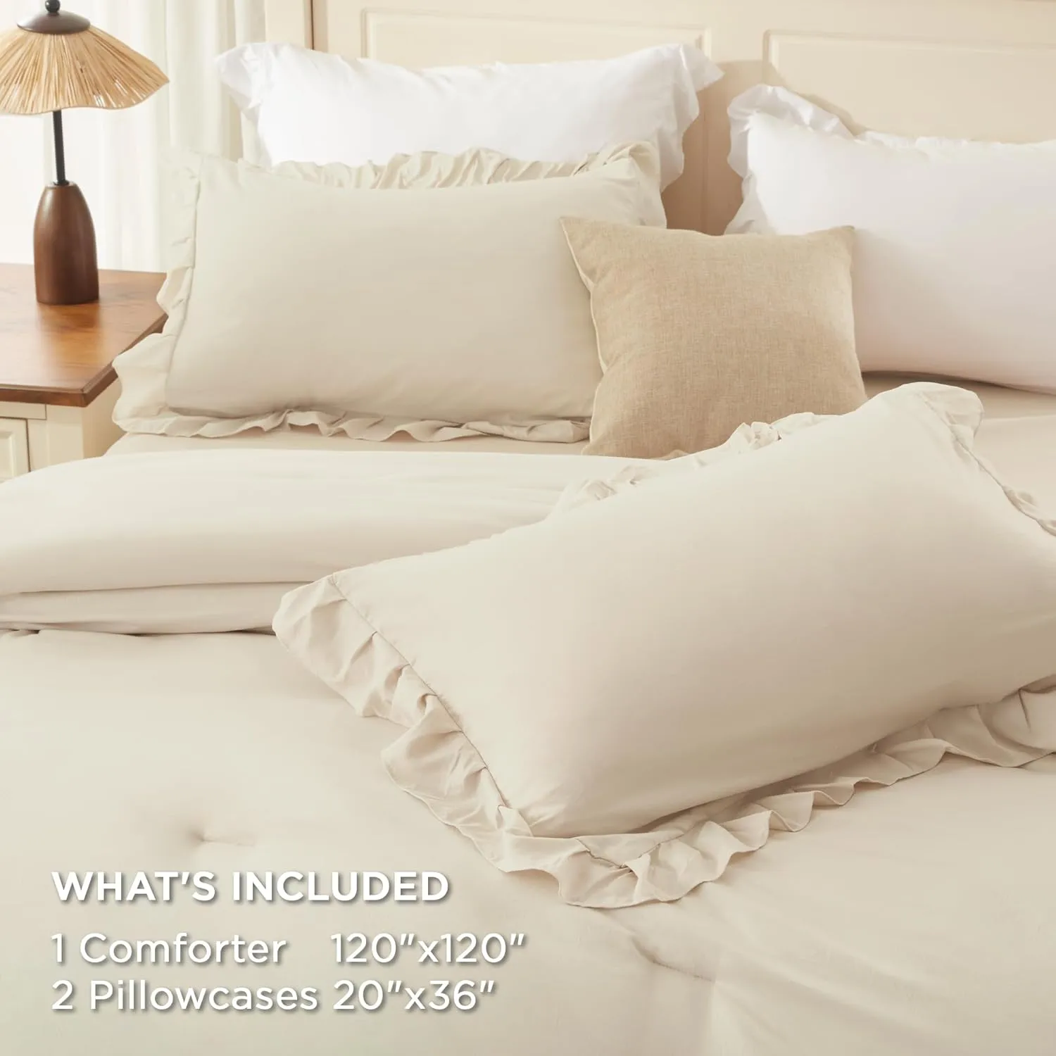 Andency Super King Ruffle Comforter Set, 3 Pieces Farmhouse Shabby Chic Bedding Set, Lightweight Soft Oversized King Comforter Set 120x120 for Girls Women (1 Comforter 2 Pillowcases), Beige