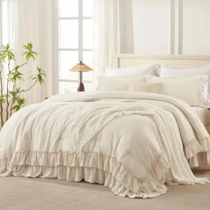Andency Super King Ruffle Comforter Set, 3 Pieces Farmhouse Shabby Chic Bedding Set, Lightweight Soft Oversized King Comforter Set 120x120 for Girls Women (1 Comforter 2 Pillowcases), Beige