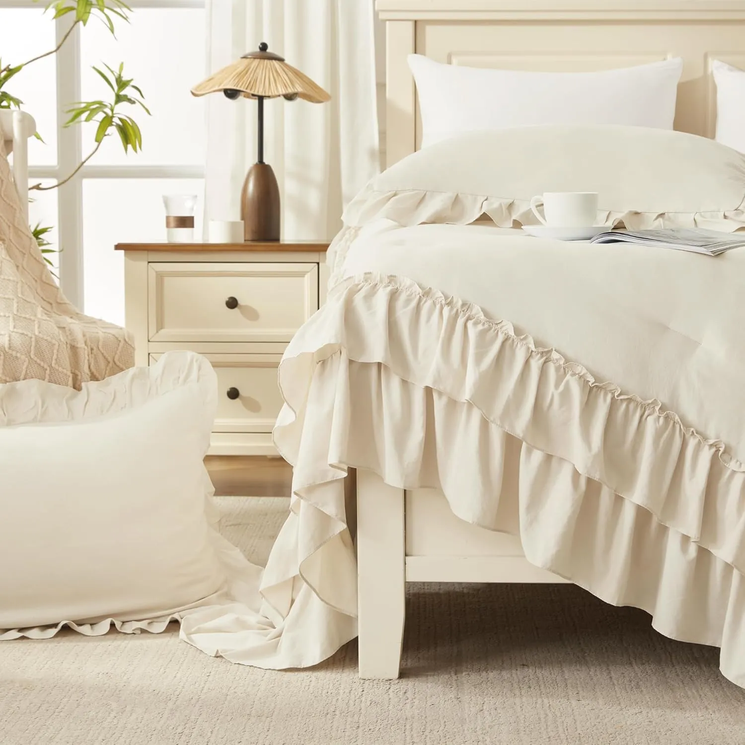 Andency Super King Ruffle Comforter Set, 3 Pieces Farmhouse Shabby Chic Bedding Set, Lightweight Soft Oversized King Comforter Set 120x120 for Girls Women (1 Comforter 2 Pillowcases), Beige
