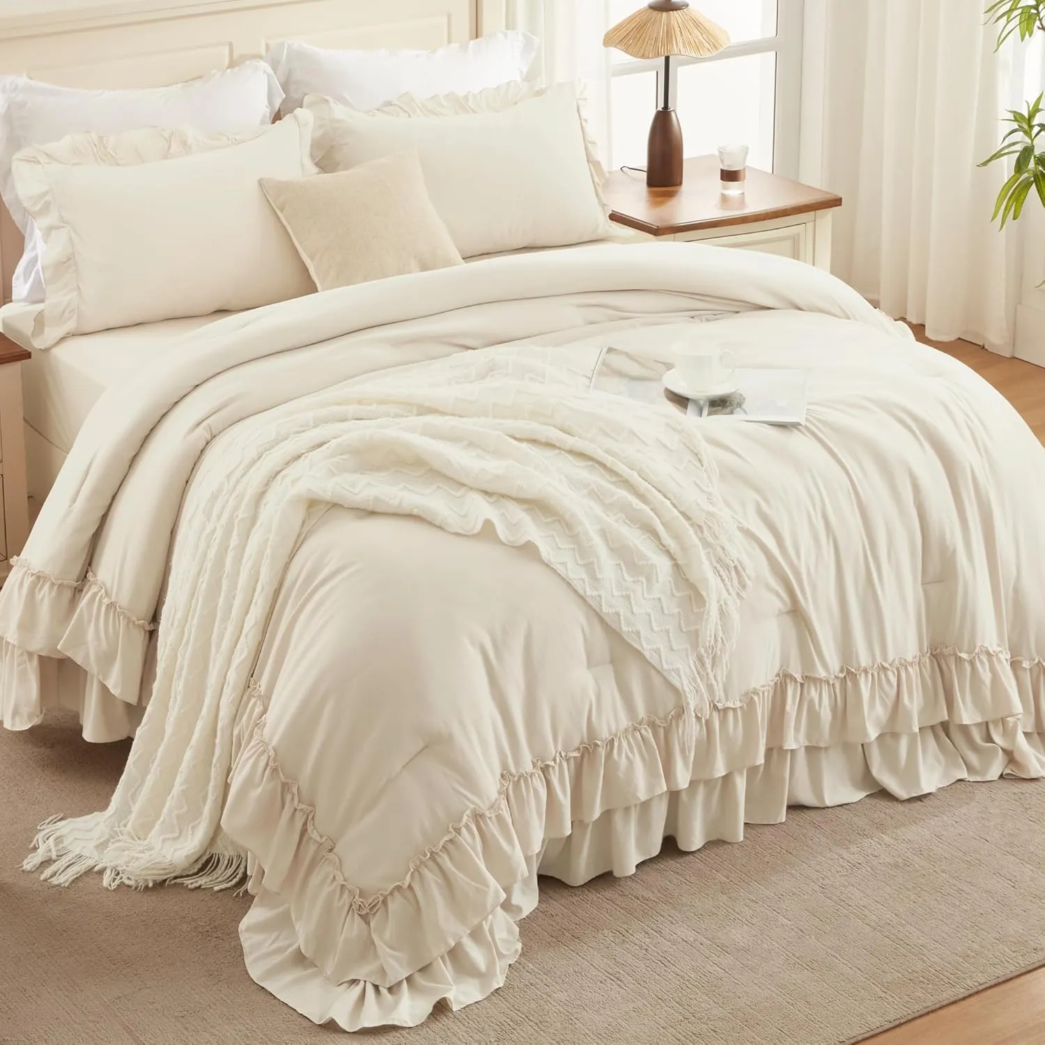 Andency Super King Ruffle Comforter Set, 3 Pieces Farmhouse Shabby Chic Bedding Set, Lightweight Soft Oversized King Comforter Set 120x120 for Girls Women (1 Comforter 2 Pillowcases), Beige