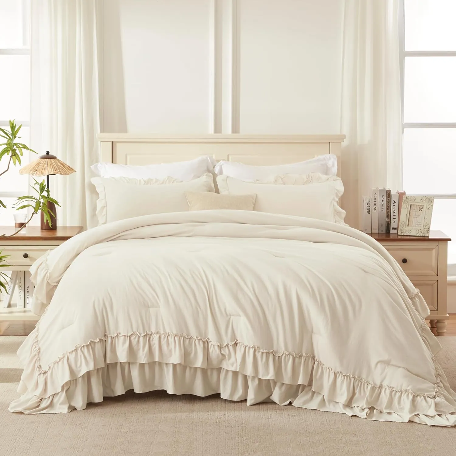 Andency Super King Ruffle Comforter Set, 3 Pieces Farmhouse Shabby Chic Bedding Set, Lightweight Soft Oversized King Comforter Set 120x120 for Girls Women (1 Comforter 2 Pillowcases), Beige