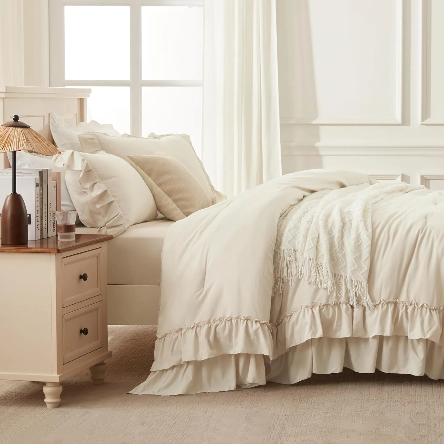 Andency Super King Ruffle Comforter Set, 3 Pieces Farmhouse Shabby Chic Bedding Set, Lightweight Soft Oversized King Comforter Set 120x120 for Girls Women (1 Comforter 2 Pillowcases), Beige