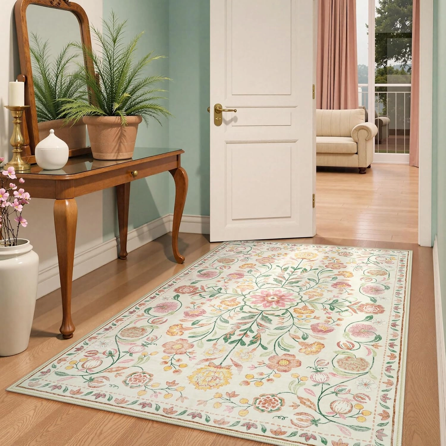 Anidaroel Boho Area Rug for Bedroom, Washable 5X7 Soft Carpet for Living Room, Non-Slip Distressed Beige Floral, Stain Resistant Indoor for Bedside, Apartment, Foyer