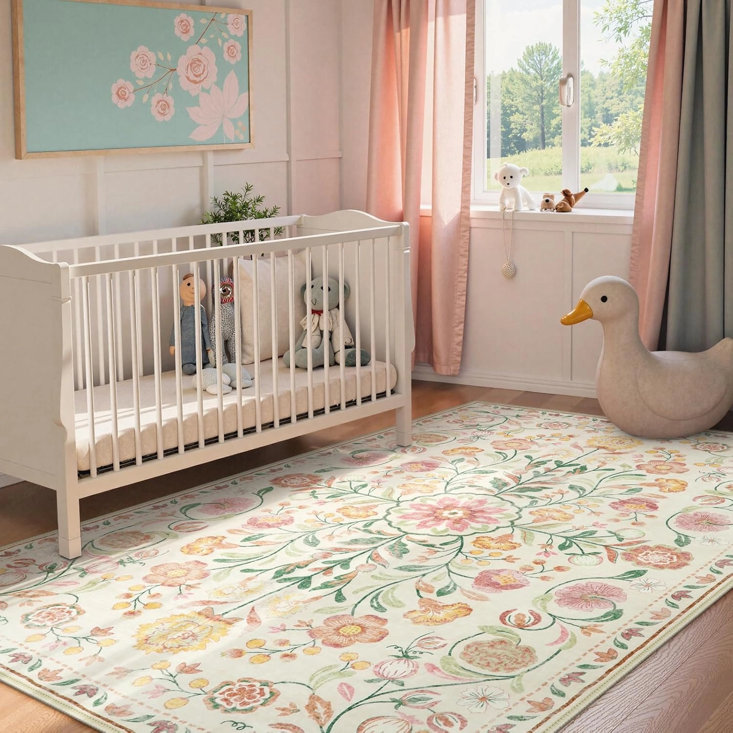 Anidaroel Boho Area Rug for Bedroom, Washable 5X7 Soft Carpet for Living Room, Non-Slip Distressed Beige Floral, Stain Resistant Indoor for Bedside, Apartment, Foyer