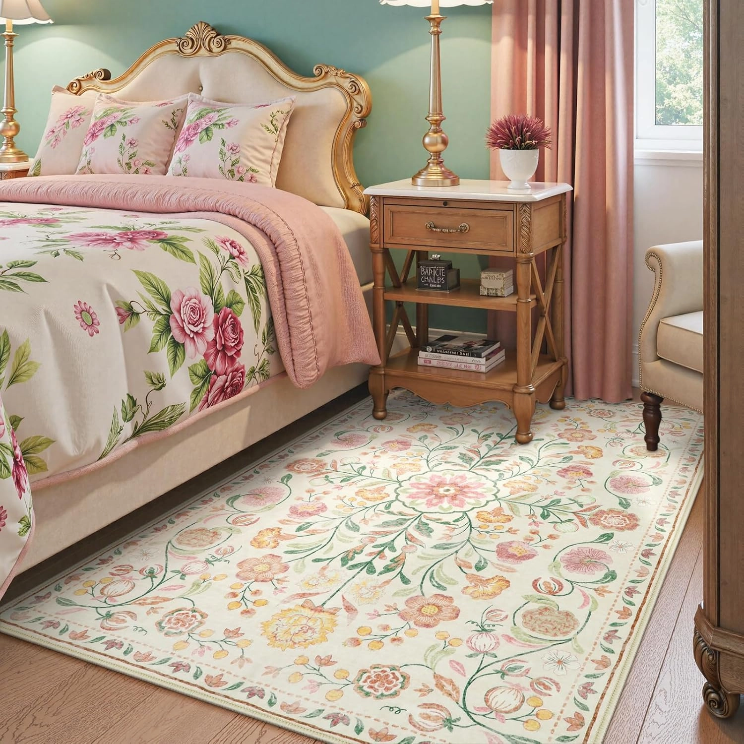 Anidaroel Boho Area Rug for Bedroom, Washable 5X7 Soft Carpet for Living Room, Non-Slip Distressed Beige Floral, Stain Resistant Indoor for Bedside, Apartment, Foyer