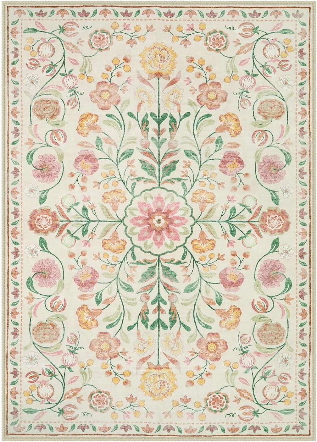 Anidaroel Boho Area Rug for Bedroom, Washable 5X7 Soft Carpet for Living Room, Non-Slip Distressed Beige Floral, Stain Resistant Indoor for Bedside, Apartment, Foyer