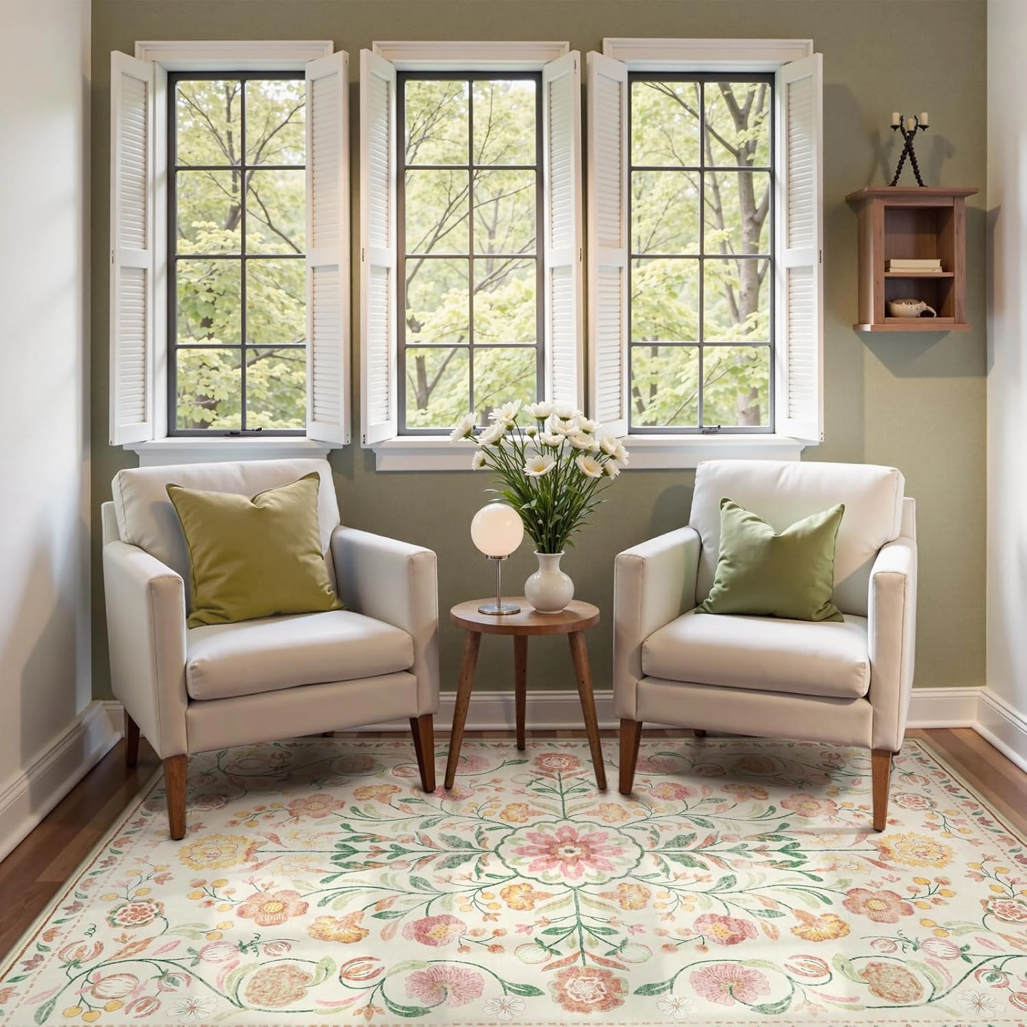 Anidaroel Boho Area Rug for Bedroom, Washable 5X7 Soft Carpet for Living Room, Non-Slip Distressed Beige Floral, Stain Resistant Indoor for Bedside, Apartment, Foyer