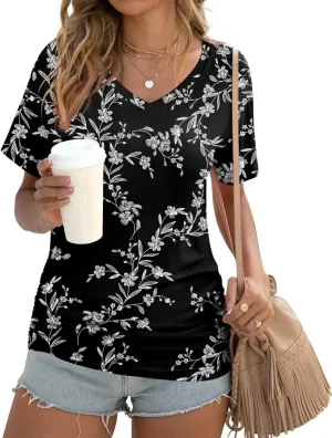 Anydoll Womens Ruched Tops 2025 Spring Summer Tunics Short Sleeve V Neck T Shirts Casual Dressy Tee with Side Shirring ﻿