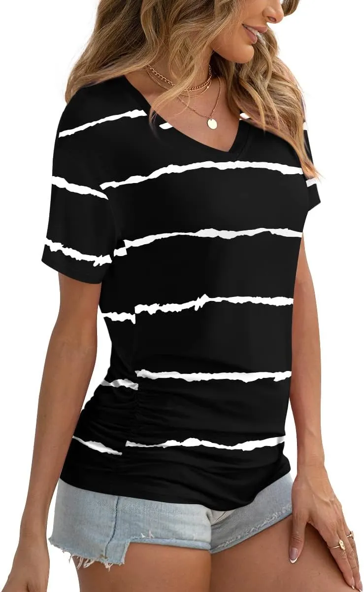 Anydoll Womens Ruched Tops 2025 Spring Summer Tunics Short Sleeve V Neck T Shirts Casual Dressy Tee with Side Shirring ﻿