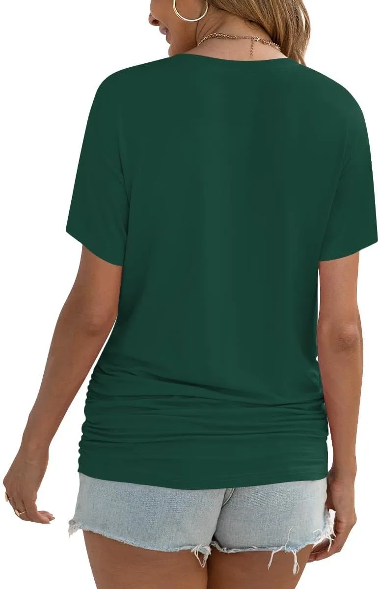Anydoll Womens Ruched Tops 2025 Spring Summer Tunics Short Sleeve V Neck T Shirts Casual Dressy Tee with Side Shirring ﻿