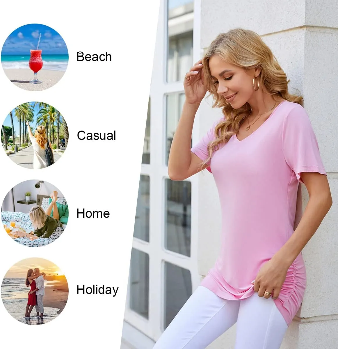 Anydoll Womens Ruched Tops 2025 Spring Summer Tunics Short Sleeve V Neck T Shirts Casual Dressy Tee with Side Shirring ﻿