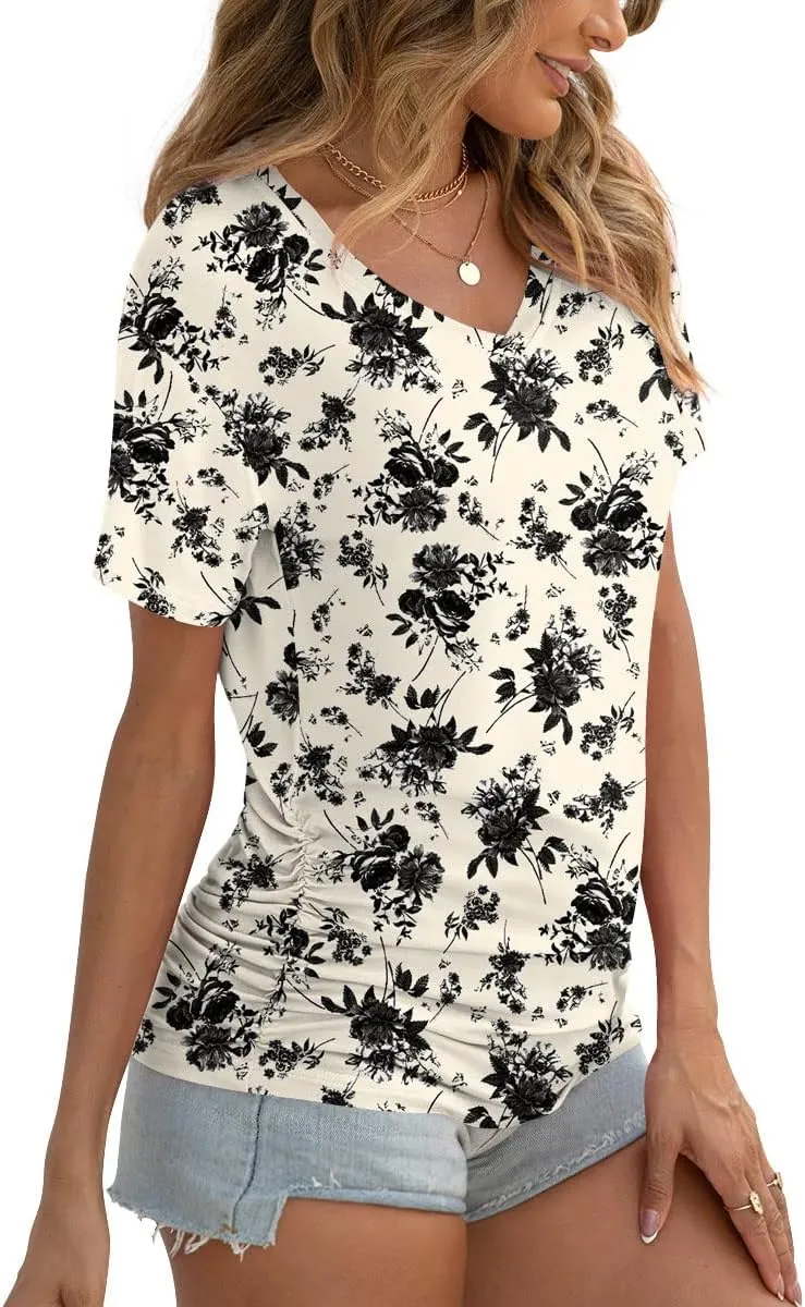 Anydoll Womens Ruched Tops 2025 Spring Summer Tunics Short Sleeve V Neck T Shirts Casual Dressy Tee with Side Shirring ﻿