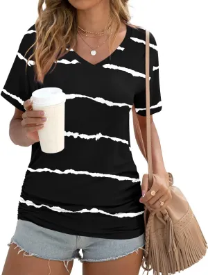 Anydoll Womens Ruched Tops 2025 Spring Summer Tunics Short Sleeve V Neck T Shirts Casual Dressy Tee with Side Shirring ﻿
