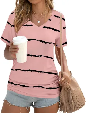 Anydoll Womens Ruched Tops 2025 Spring Summer Tunics Short Sleeve V Neck T Shirts Casual Dressy Tee with Side Shirring ﻿