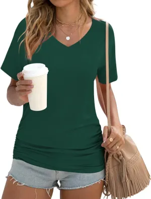 Anydoll Womens Ruched Tops 2025 Spring Summer Tunics Short Sleeve V Neck T Shirts Casual Dressy Tee with Side Shirring ﻿