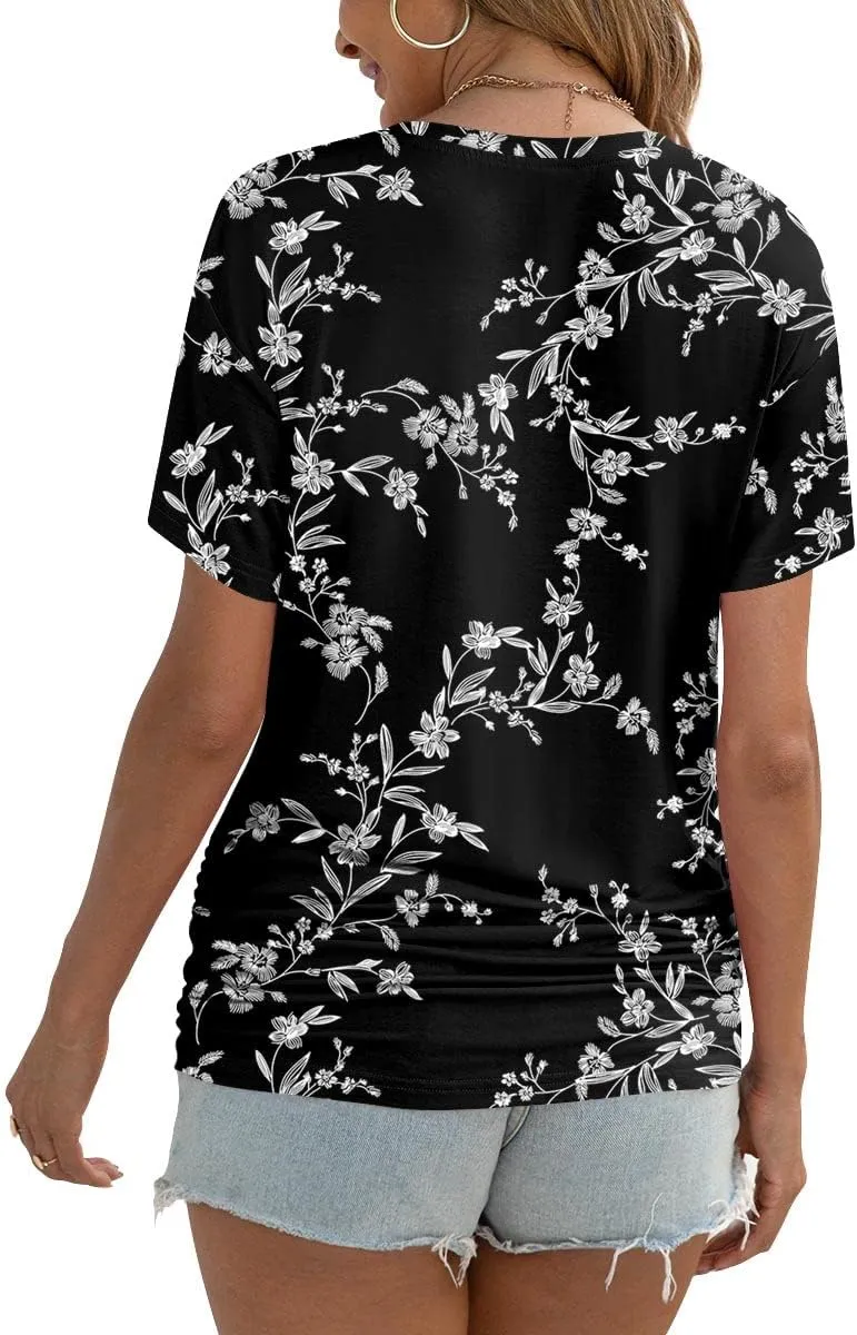 Anydoll Womens Ruched Tops 2025 Spring Summer Tunics Short Sleeve V Neck T Shirts Casual Dressy Tee with Side Shirring ﻿