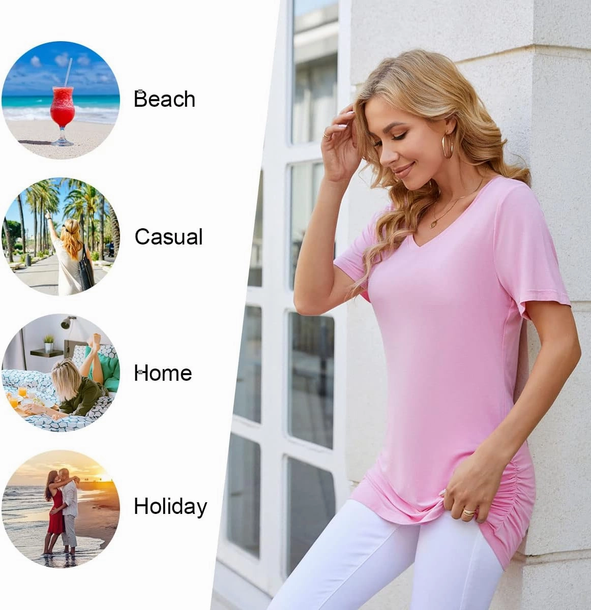Anydoll Womens Ruched Tops 2025 Spring Summer Tunics Short Sleeve V Neck T Shirts Casual Dressy Tee with Side Shirring ﻿