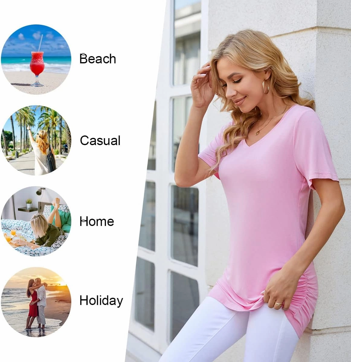 Anydoll Womens Ruched Tops 2025 Spring Summer Tunics Short Sleeve V Neck T Shirts Casual Dressy Tee with Side Shirring ﻿