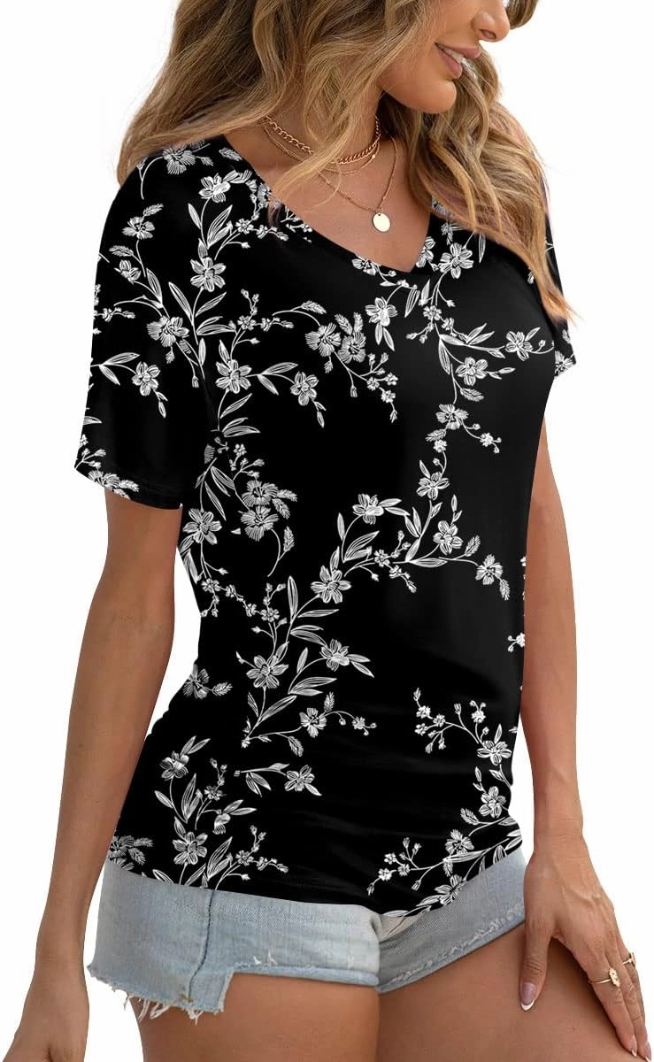 Anydoll Womens Ruched Tops 2025 Spring Summer Tunics Short Sleeve V Neck T Shirts Casual Dressy Tee with Side Shirring ﻿