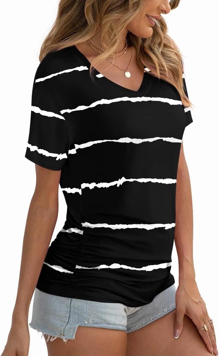 Anydoll Womens Ruched Tops 2025 Spring Summer Tunics Short Sleeve V Neck T Shirts Casual Dressy Tee with Side Shirring ﻿
