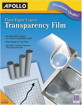 Apollo Transparency Film for Plain Paper Copier, Black on Clear Sheet, Without Stripe, 100 Sheets/Pack (VPP100CE)