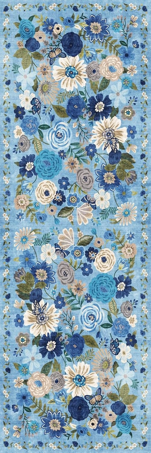 Area Rugs, Door Mat Indoor Entrance, 2x6 Washable Runner Rug Non Slip Soft Floral Carpet Runner for Hallways Kitchen Laundry Bedroom Bathroom(2 x 6, Blue Garden)