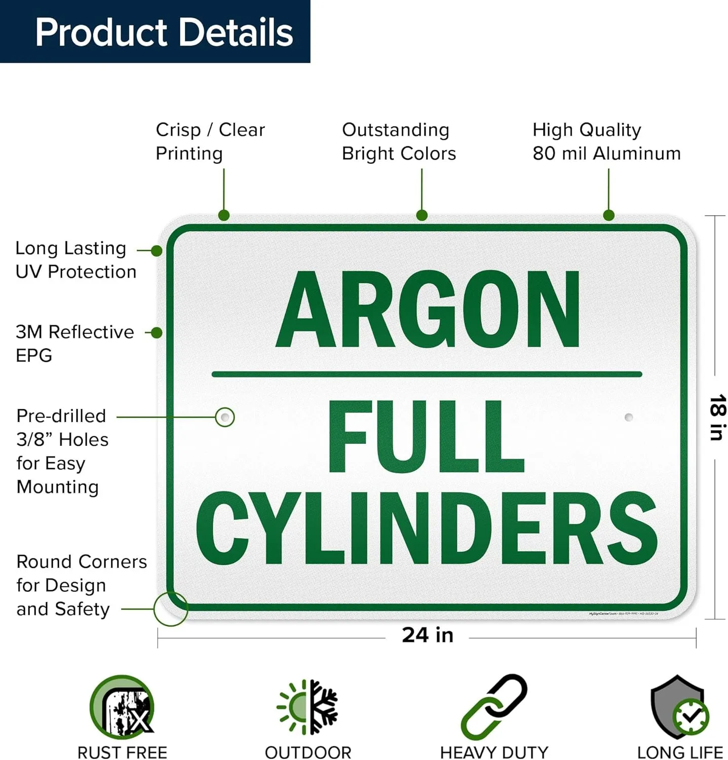 Argon Full Cylinders Green Sign, 18x24 Inches, 3M EGP Reflective .080 Aluminum, Fade Resistant, Made in USA by My Sign Center