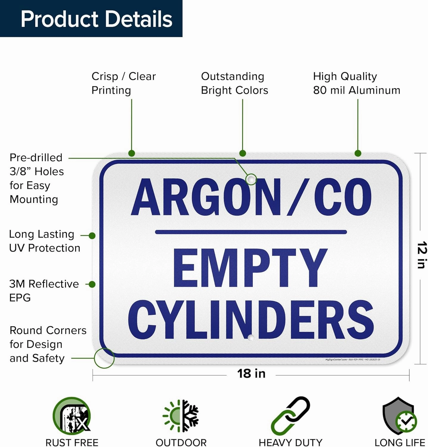 Argon Co Empty Cylinders Sign, 12x18 Inches, 3M EGP Reflective .063 Aluminum, Fade Resistant, Made in USA by My Sign Center