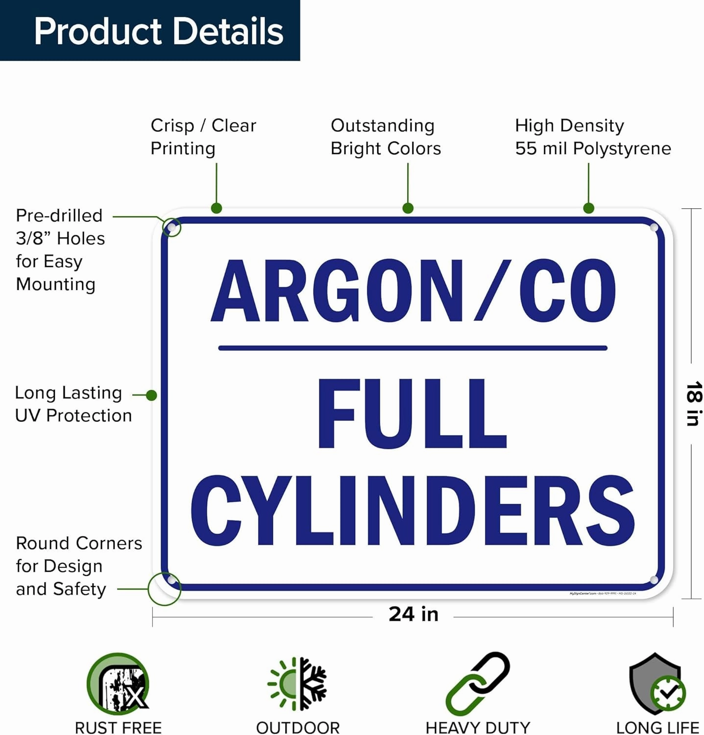 Argon Co Full Cylinders Sign, 18x24 Inches, 55 mil thick HDPS (high density polystyrene), Made in USA by My Sign Center
