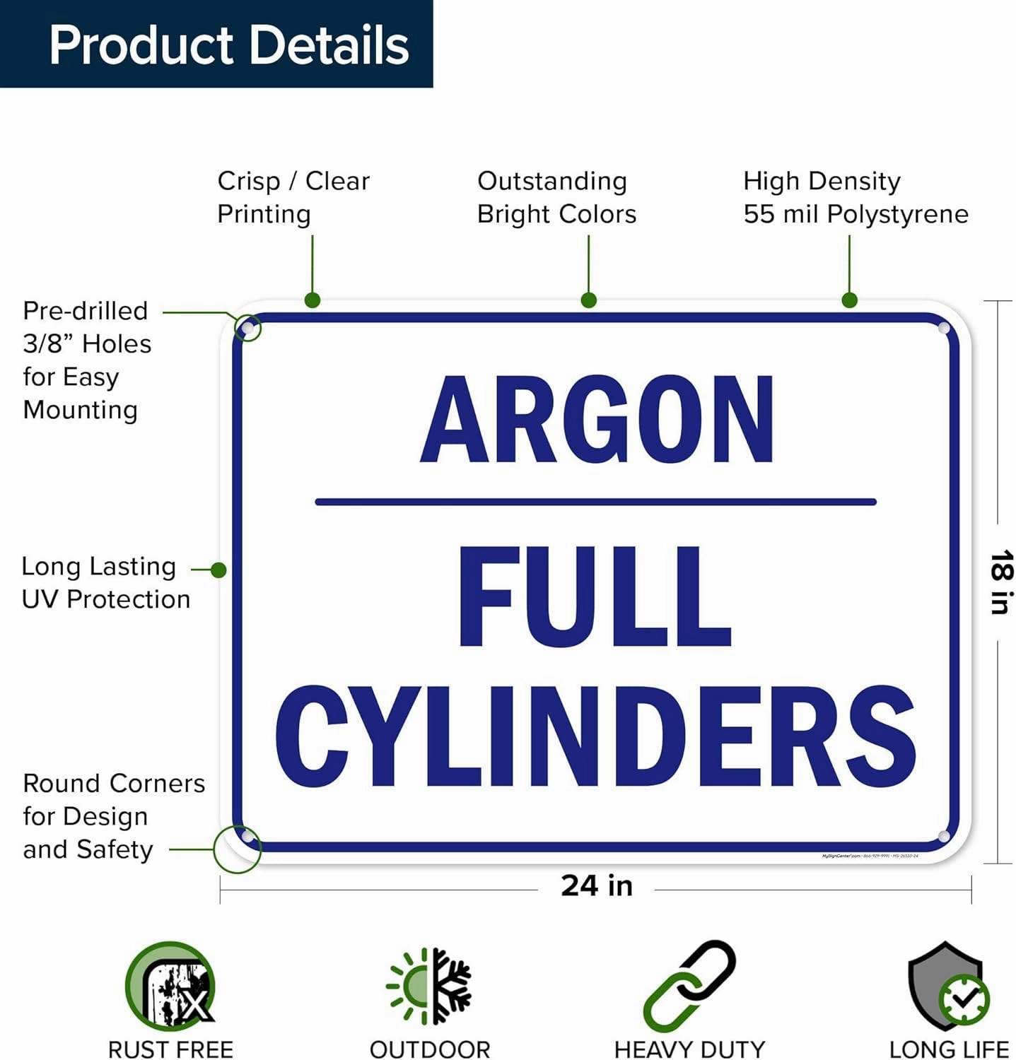 Argon Full Cylinders Sign, 18x24 Inches, 55 mil thick HDPS (high density polystyrene), Made in USA by My Sign Center
