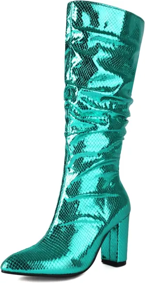 Arqa Metallic Boots For Women Chunky Heel Slouchy Mid Calf Snake Print Boot Pointed Toe Gogo Dance Booties