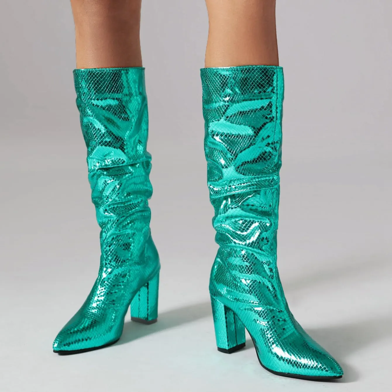Arqa Metallic Boots For Women Chunky Heel Slouchy Mid Calf Snake Print Boot Pointed Toe Gogo Dance Booties